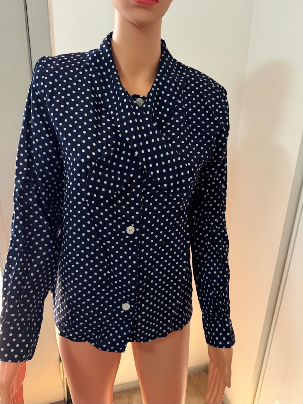 RUSS Petites Navy Polka Dot Tie Neck Blouse Size 8 Petite